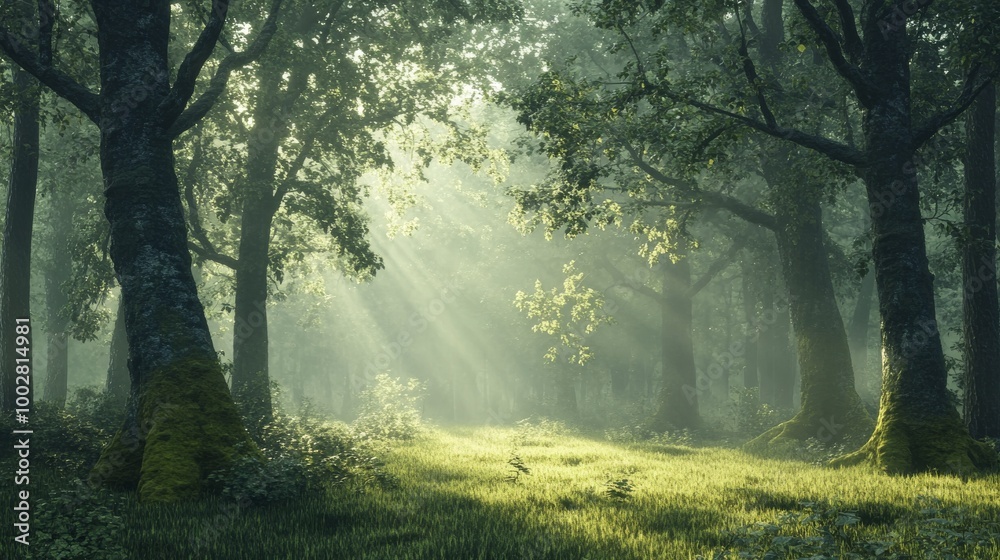 A misty forest at dawn, with diffused light gently illuminating the scene A misty forest at dawn, with diffused light gently illuminating the scene