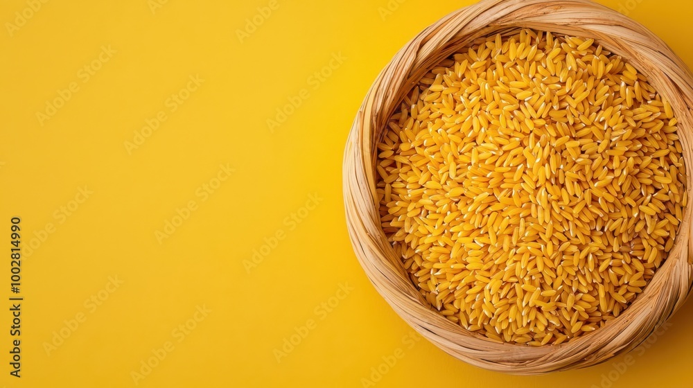 Top view of golden rice grains scattered on a woven bamboo tray, rice grains, traditional agriculture Top view of golden rice grains scattered on a woven bamboo tray, rice grains, traditional agriculture