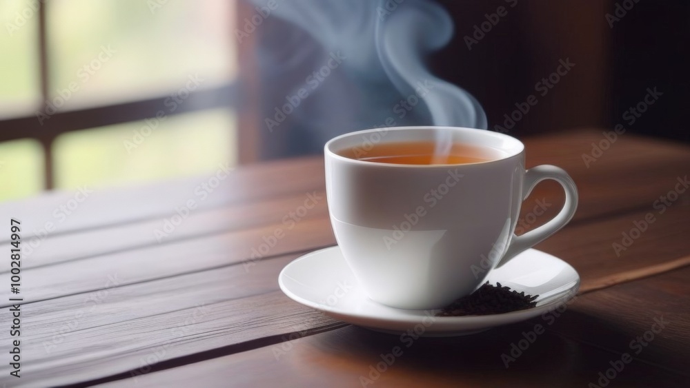 Coffee Cup, Mug. Close-up natural steam smoke of coffee from hot coffee cup on old wooden table in morning warm sunshine flare, outdoor view background. Concept hot drink, espresso, breakfast Coffee Cup, Mug. Close-up natural steam smoke of coffee from hot coffee cup on old wooden table in morning warm sunshine flare, outdoor view background. Concept hot drink, espresso, breakfast