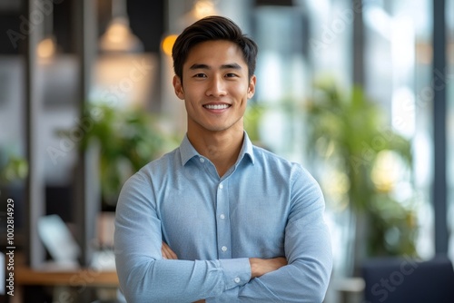 Young Asian businessman standing in an office smiling confidently, Generative AI