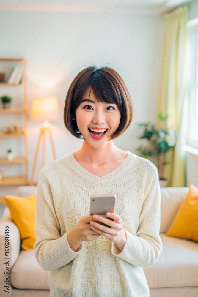 Happy Woman Using Smartphone with Joyful Expression in Casual Setting Happy Woman Using Smartphone with Joyful Expression in Casual Setting