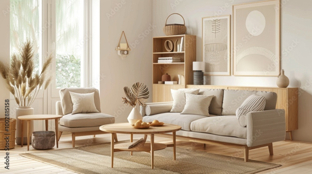 Modern minimalist living room with neutral decor Modern minimalist living room with neutral decor