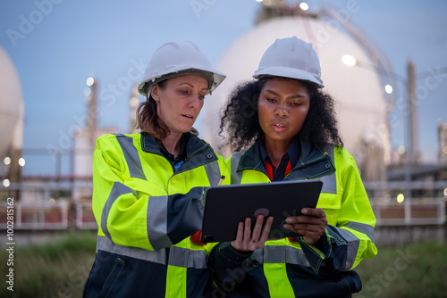 Engineers wearing safety gear, including hard hats examining survey a large blueprint tablet standing industrial facility gas or oil refinery engaged in a job requires high safety standards concept photo