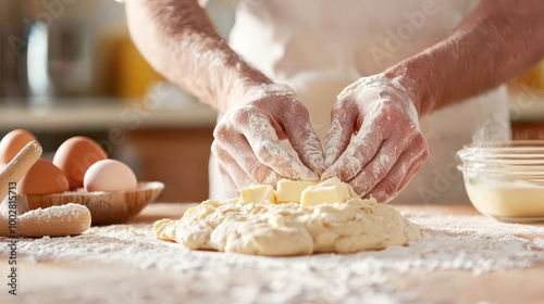 Baker's hands preparing dough with butter and flour on a wooden surface in a kitchen setting.