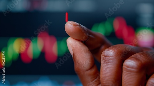 Closeup of a person's finger holding a red stock market indicator with a blurred background of a stock market chart.