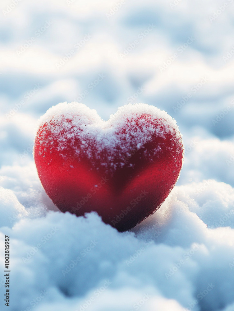 A red heart is sitting on top of the snow. The heart is surrounded by a white blanket of snow. Concept of love and warmth.