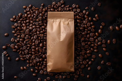 Coffee Beans with Packaging Mockup, A flat lay image featuring roasted coffee beans surrounding a blank coffee packaging bag on a dark background