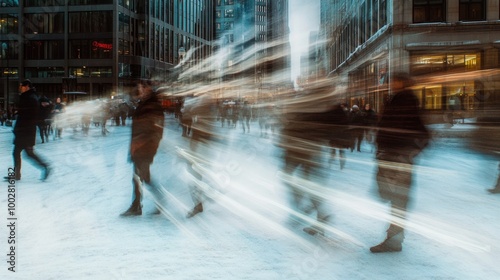 Foto A bustling city scene with blurred figures walking through snow-covered streets