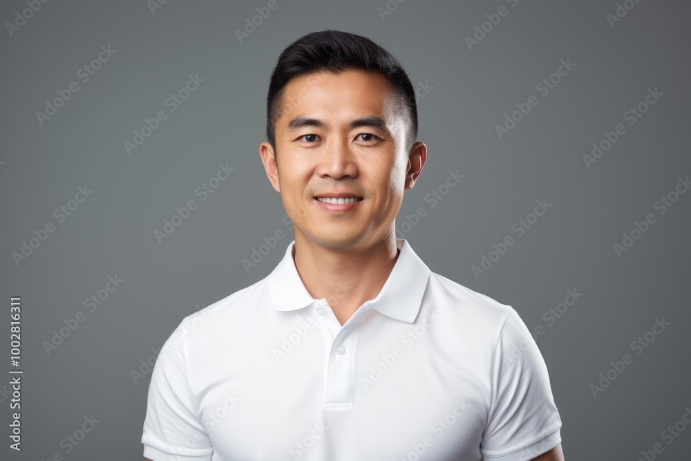 Portrait of a grinning asian man in his 30s donning a classy polo shirt on plain white digital canvas Portrait of a grinning asian man in his 30s donning a classy polo shirt on plain white digital canvas