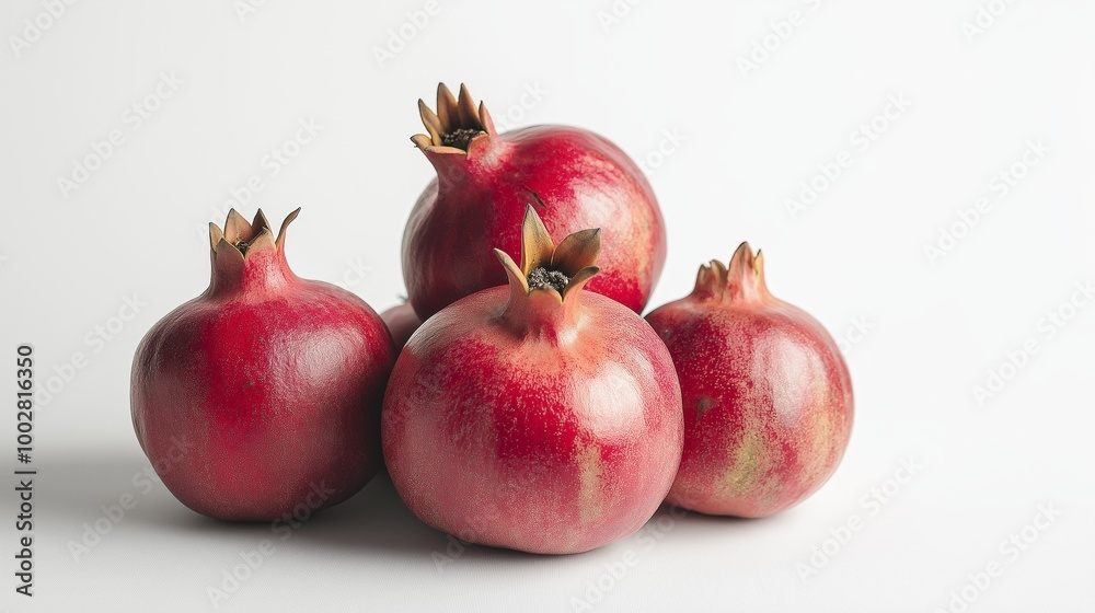 A bunch of red pomegranates are piled on top of each other. The pomegranates are small and round, with a shiny red skin. Concept of abundance and freshness A bunch of red pomegranates are piled on top of each other. The pomegranates are small and round, with a shiny red skin. Concept of abundance and freshness