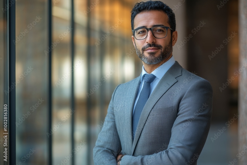 Successful middle-eastern businessman standing next to office, Generative AI Successful middle-eastern businessman standing next to office, Generative AI