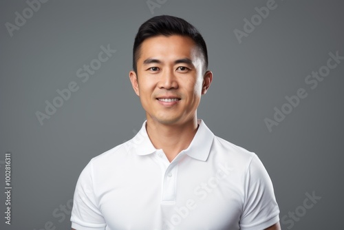 Portrait of a grinning asian man in his 30s donning a classy polo shirt on plain white digital canvas