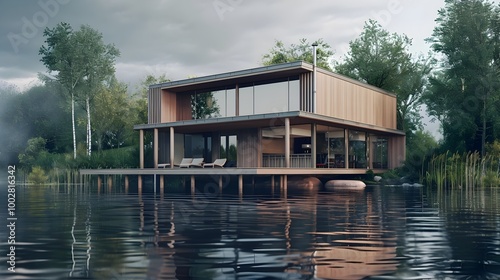 Minimalist and Elegant Lakeside Home with Modern Architecture and Wooden Deck