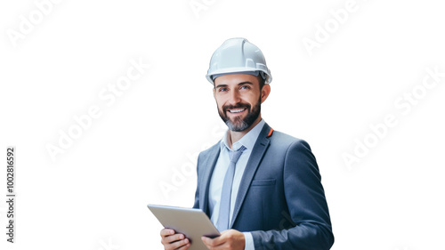 Portrait of maintenance mechanic using tablet computer on transparent background PNG.


