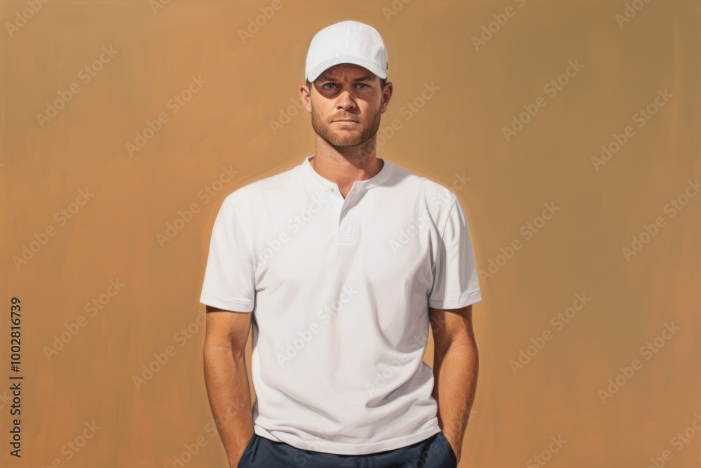 Portrait of a glad man in his 30s wearing a breathable golf polo while standing against plain white digital canvas Portrait of a glad man in his 30s wearing a breathable golf polo while standing against plain white digital canvas