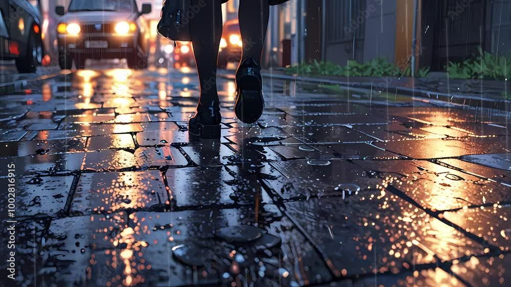 A young Asian woman walks confidently on a rain-soaked street at night, illuminated by the glow of city lights, creating a vibrant and reflective atmosphere.