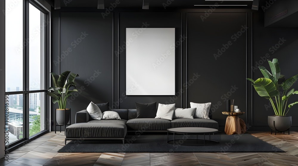 Elegant Minimalist Black Wooden Living Room with Modern Clean Aesthetics and Frame Mockup