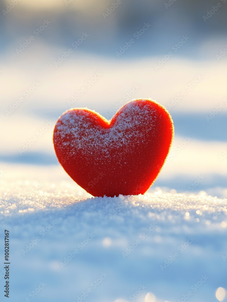 Fototapeta premium A red heart is sitting on top of the snow. The heart is surrounded by a white blanket of snow. Concept of love and warmth.