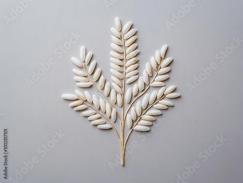 Top view of rice grains arranged in the shape of a rice plant, rice art, creative crop