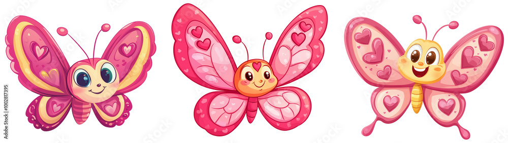 Cute Colorful Butterflies with Heart Designs, isolated on transparent background. Cute Colorful Butterflies with Heart Designs, isolated on transparent background.