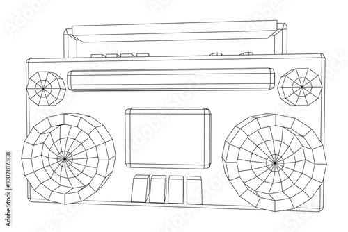 Retro Boombox outdated portable cassette tape recorder. Wireframe low poly mesh vector illustration.