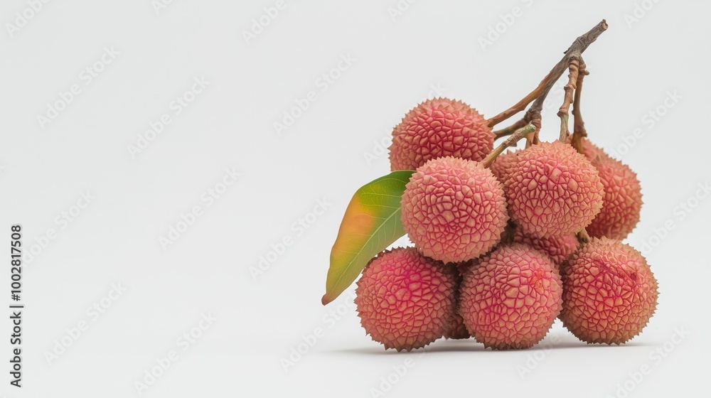 A bunch of small red Lychee fruit with a leaf on top. The fruit is ripe and ready to eat A bunch of small red Lychee fruit with a leaf on top. The fruit is ripe and ready to eat
