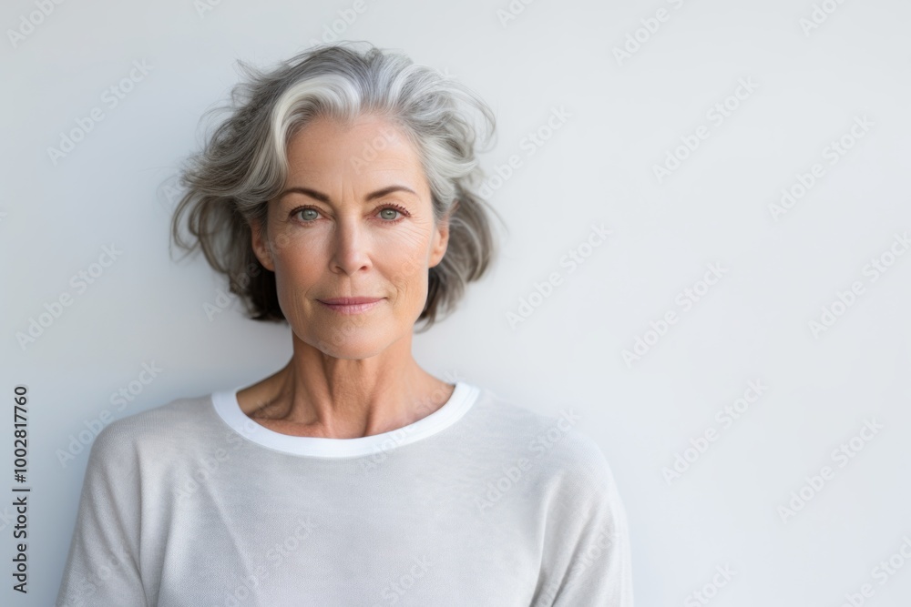 Portrait of a content woman in her 50s showing off a thermal merino wool top while standing against plain white digital canvas Portrait of a content woman in her 50s showing off a thermal merino wool top while standing against plain white digital canvas