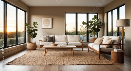 Beige neutral living room interior with a wooden couch woven rug and floor to ceiling windows letting in golden evening light