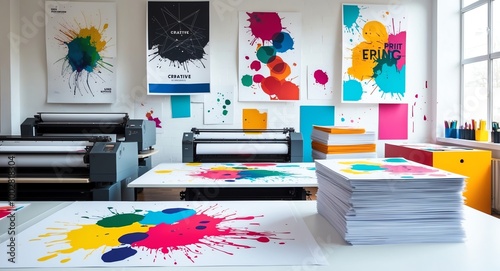 Creative design print studio with colorful ink splotches on tables graphic posters hanging and bright paper stacks ready for printing