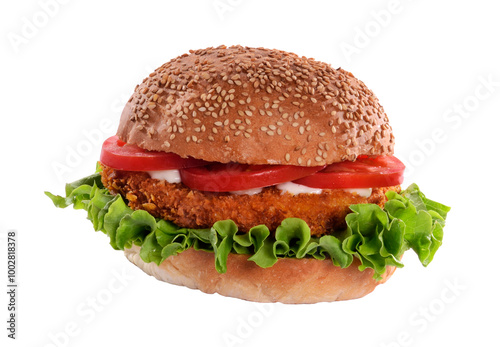 Chicken burger isolated on transparent layered background.