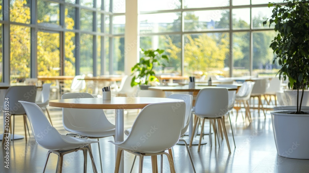 Office canteen at a business center, decorated in light tones, with large clear windows bringing in sunlight. Office canteen at a business center, decorated in light tones, with large clear windows bringing in sunlight.