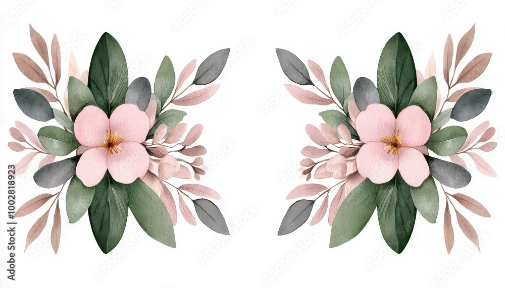 Fototapeta premium Beautiful floral arrangement featuring soft pink flowers and lush green leaves, perfect for decor and design projects.
