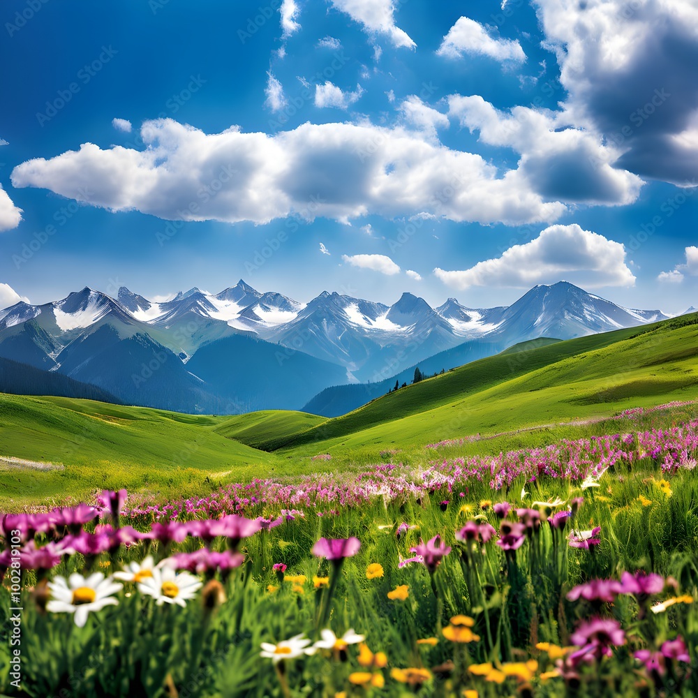 Rolling Alpine Hills with Snow-Covered Peaks, rolling alpine hills, wildflowers, snow-covered peaks, high-altitude landscape, mountain meadows, blue sky, alpine scenery, blooming hills Rolling Alpine Hills with Snow-Covered Peaks, rolling alpine hills, wildflowers, snow-covered peaks, high-altitude landscape, mountain meadows, blue sky, alpine scenery, blooming hills