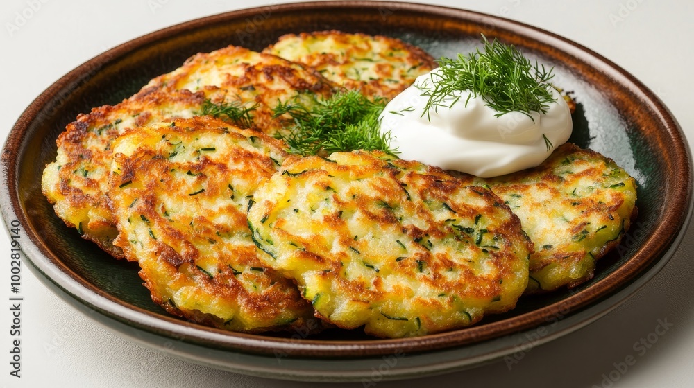 Deliciosos panqueques de calabacín servidos con crema agria y eneldo fresco. Un plato perfecto para una comida ligera y saludable. Deliciosos panqueques de calabacín servidos con crema agria y eneldo fresco. Un plato perfecto para una comida ligera y saludable.
