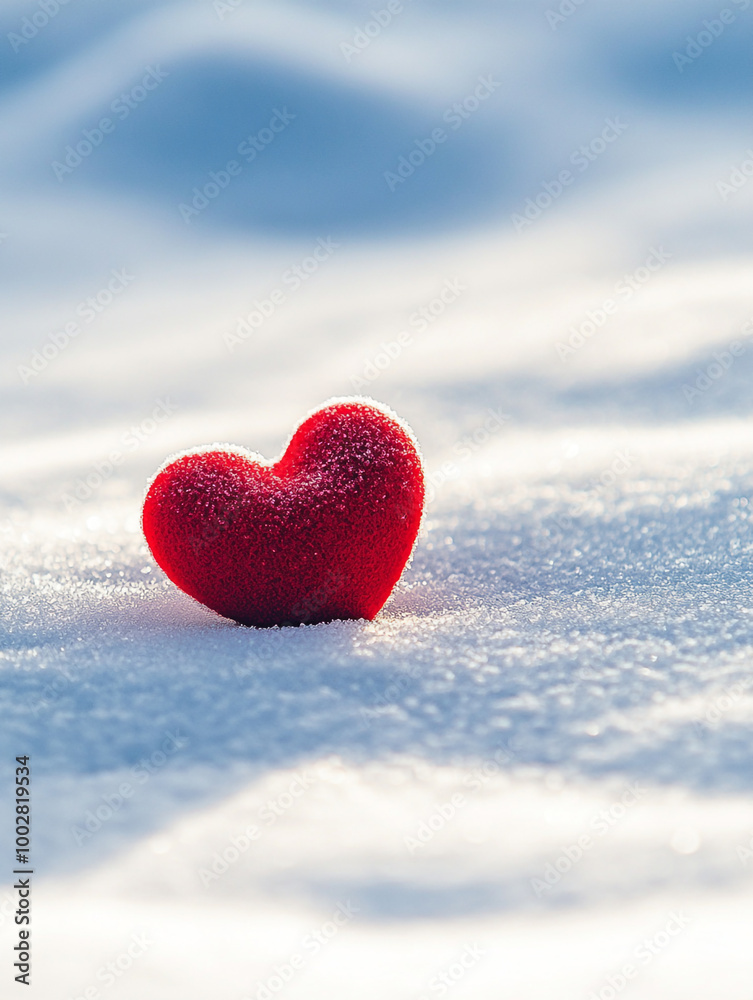A red heart is sitting on top of the snow. The heart is surrounded by a white blanket of snow. Concept of love and warmth. A red heart is sitting on top of the snow. The heart is surrounded by a white blanket of snow. Concept of love and warmth.