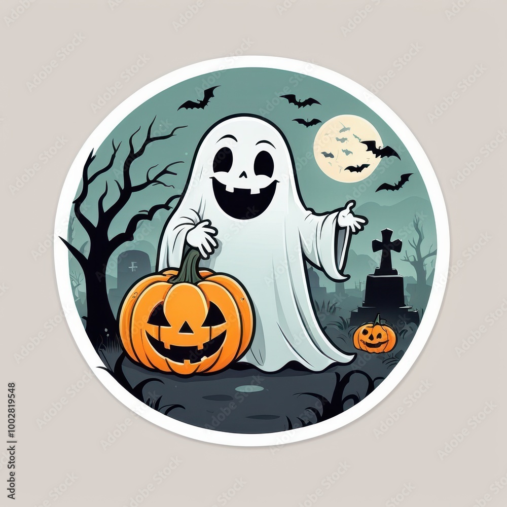 A cute ghost holding a jack-o'-lantern stands in a spooky graveyard under a full moon, with bats flying in the eerie night sky, creating a playful Halloween scene A cute ghost holding a jack-o'-lantern stands in a spooky graveyard under a full moon, with bats flying in the eerie night sky, creating a playful Halloween scene