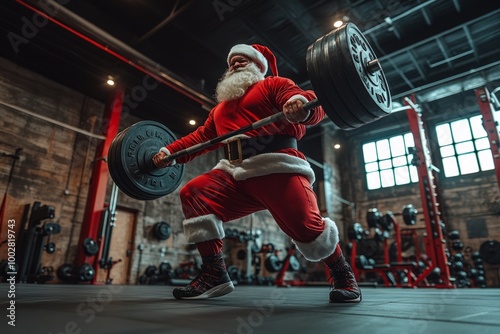 Santa Claus lifts weights in a gym. photo