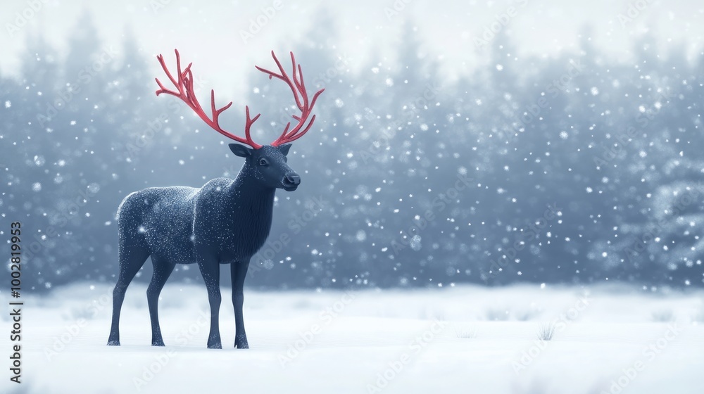 A black reindeer with red antlers in a snowy forest setting. A black reindeer with red antlers in a snowy forest setting.