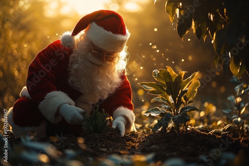 Santa Claus plants a sapling in the warm glow of the setting sun. photo