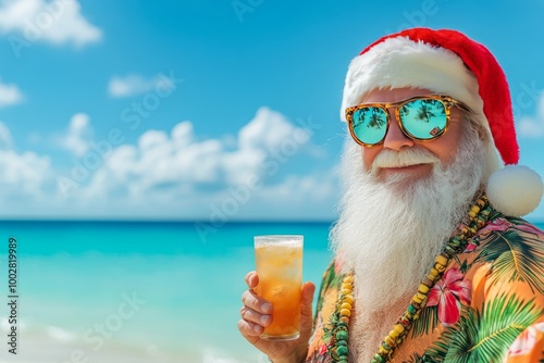 Santa Claus enjoys a tropical drink on a beach.