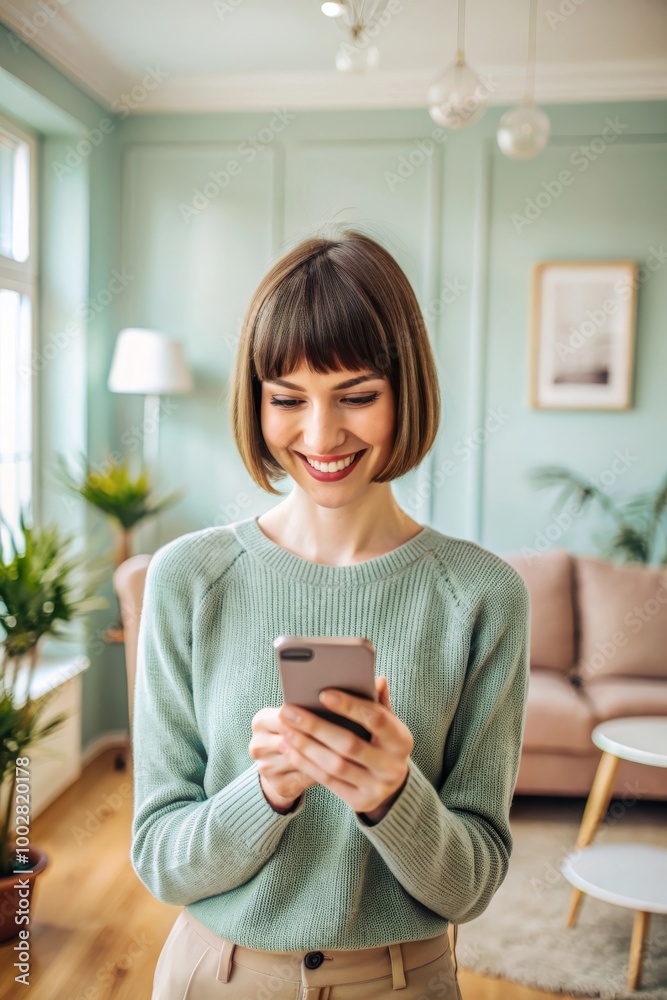Happy Woman Using Smartphone with Joyful Expression in Casual Setting Happy Woman Using Smartphone with Joyful Expression in Casual Setting