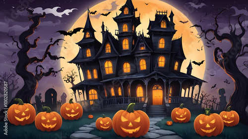 halloween pumpkin night moon bat vector horror holiday spooky illustration tree castle scary october dark celebration design house black silhouette orange cartoon fear party
