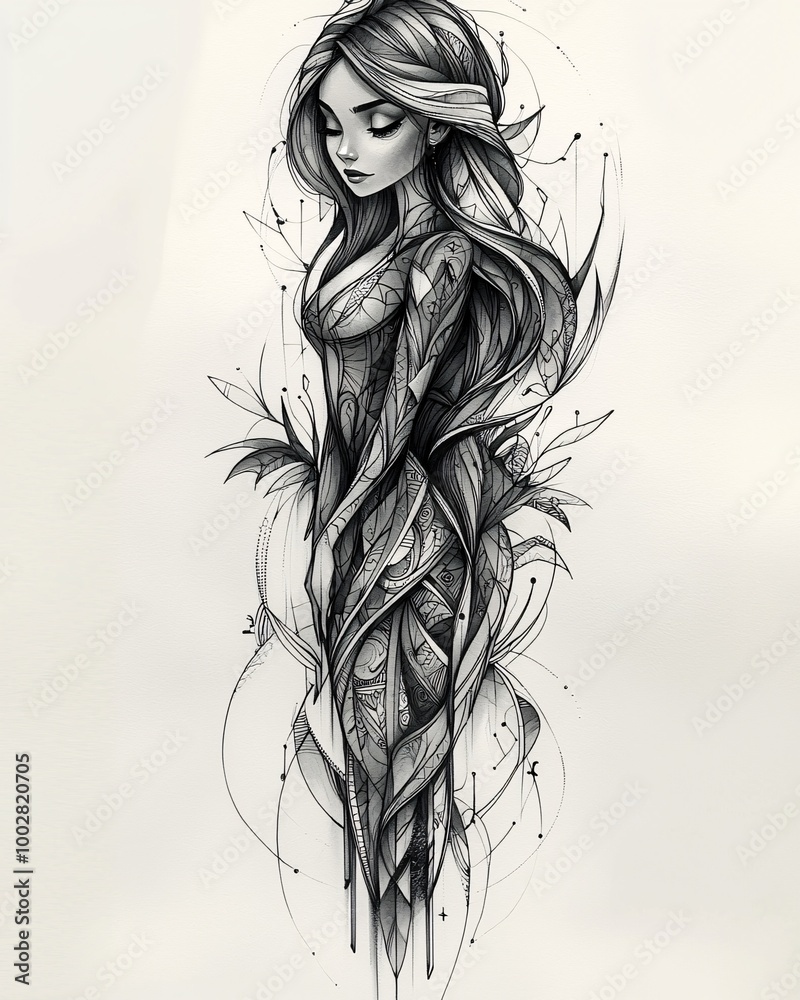 Fototapeta premium Geometric Virgo zodiac tattoo design, with abstract shapes forming a stylized girlish figure