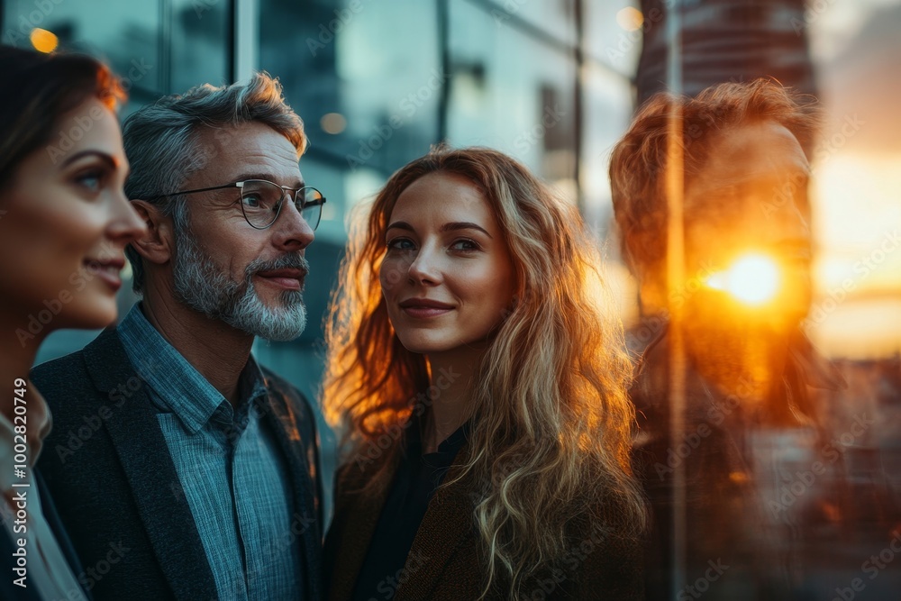 Group of business people walking outside in front of office buildings, Generative AI Group of business people walking outside in front of office buildings, Generative AI