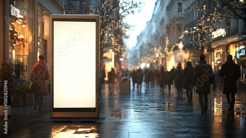 Cartel publicitario en blanco en una calle peatonal llena de personas en una tarde lluviosa. El cartel destaca entre las luces de la ciudad y las decoraciones urbanas, esperando para ser personalizado