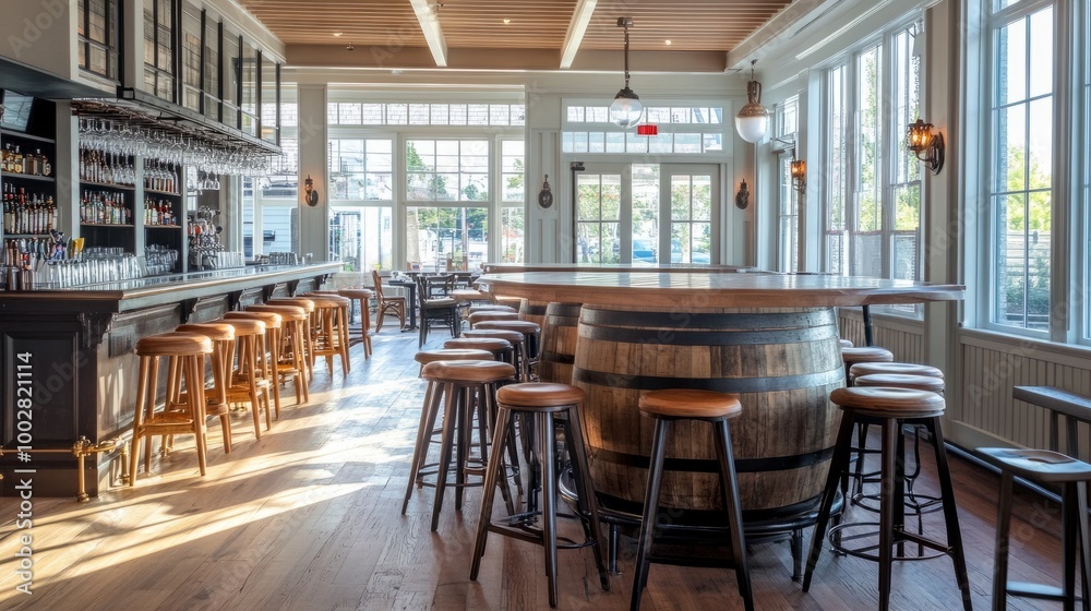 Naklejka premium Restaurant or bar with a group of stools, barrel table visible in the background, bright natural light from clear windows