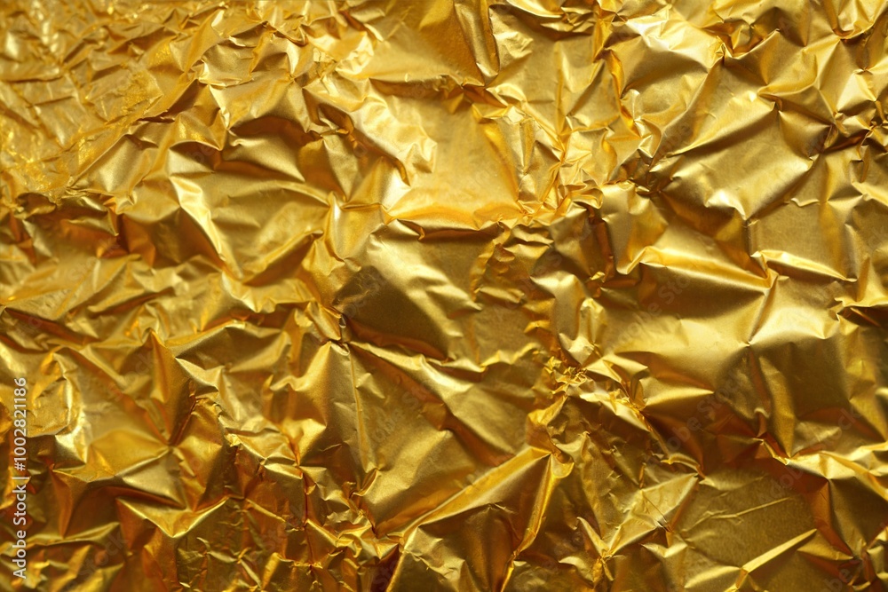Crumpled gold foil close-up with shiny and reflective textured surface Crumpled gold foil close-up with shiny and reflective textured surface
