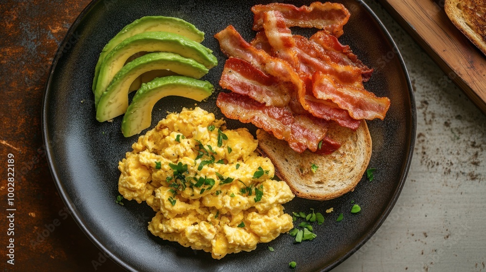 Top view of a breakfast plate with scrambled eggs, bacon, toast, and avocado slices, styled for a morning meal. Top view of a breakfast plate with scrambled eggs, bacon, toast, and avocado slices, styled for a morning meal.