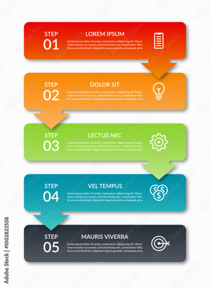 Infographic template with 5 arrows pointing down. Vector design elements for infographics. Can be used for workflow layout, diagram, chart, graph, web design. Infographic template with 5 arrows pointing down. Vector design elements for infographics. Can be used for workflow layout, diagram, chart, graph, web design.