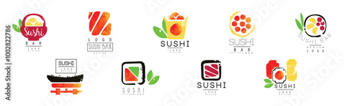 Sushi Bar Logo Design with Japanese Food Vector Set